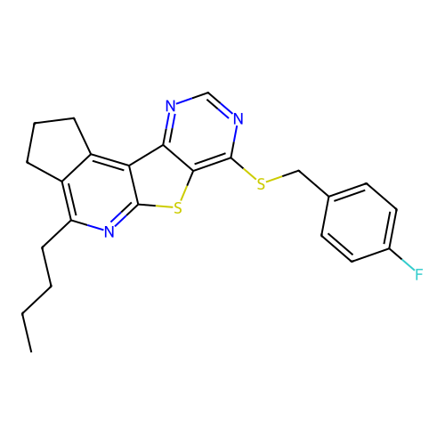 4-butyl-7-((4-fluorobenzyl)thio)-2,3-dihydro-1H-cyclopenta[4',5']pyrido[3',2':4,5]thieno[3,2-d]pyrimidine structure