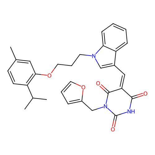 (Z)-1-(furan-2-ylmethyl)-5-((1-(3-(2-isopropyl-5-methylphenoxy)propyl)-1H-indol-3-yl)methylene)pyrimidine-2,4,6(1H,3H,5H)-trione structure