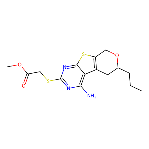 methyl [(4-amino-6-propyl-5,8-dihydro-6H-pyrano[4',3':4,5]thieno[2,3-d]pyrimidin-2-yl)sulfanyl]acetate structure