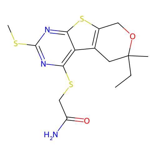 2-{[6-ethyl-6-methyl-2-(methylsulfanyl)-5,8-dihydro-6H-pyrano[4',3':4,5]thieno[2,3-d]pyrimidin-4-yl]sulfanyl}acetamide structure