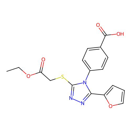 4-(3-((2-ethoxy-2-oxoethyl)thio)-5-(furan-2-yl)-4H-1,2,4-triazol-4-yl)benzoic acid structure