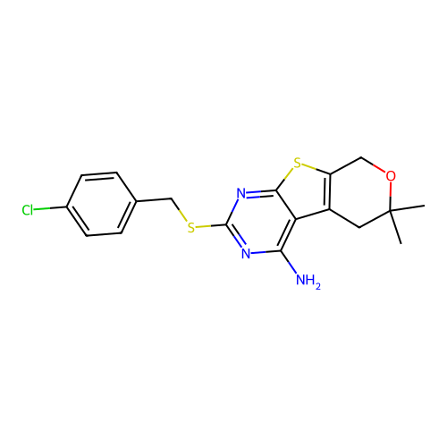 2-[(4-chlorobenzyl)sulfanyl]-6,6-dimethyl-5,8-dihydro-6H-pyrano[4',3':4,5]thieno[2,3-d]pyrimidin-4-amine structure
