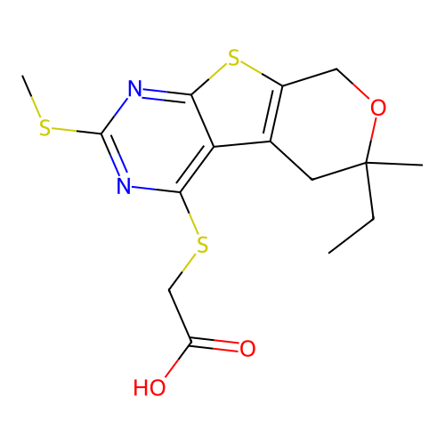 {[6-ethyl-6-methyl-2-(methylsulfanyl)-5,8-dihydro-6H-pyrano[4',3':4,5]thieno[2,3-d]pyrimidin-4-yl]sulfanyl}acetic acid structure