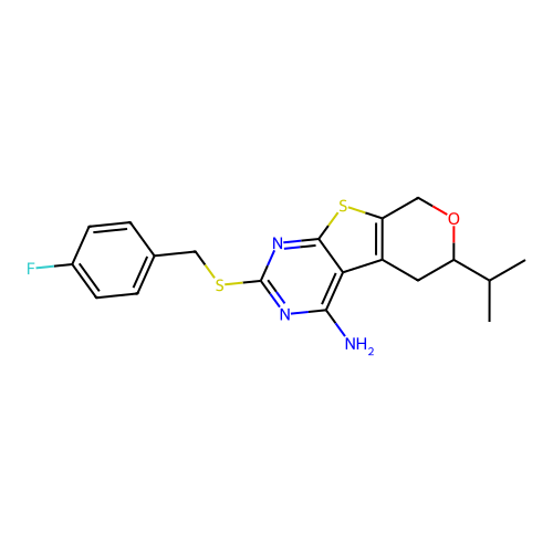 2-((4-fluorobenzyl)thio)-6-isopropyl-6,8-dihydro-5H-pyrano[4',3':4,5]thieno[2,3-d]pyrimidin-4-amine structure