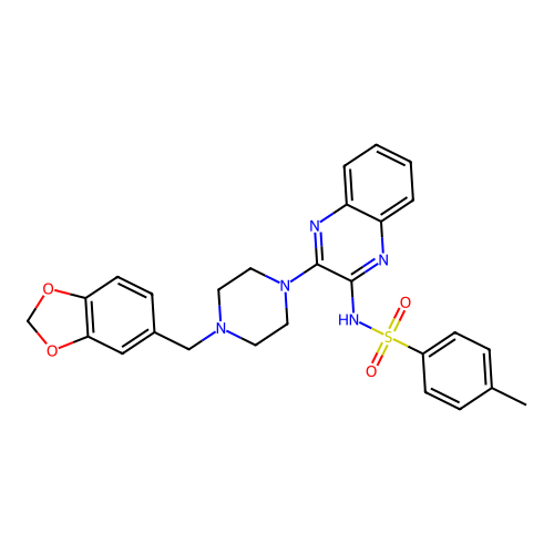 N-(3-(4-(benzo[d][1,3]dioxol-5-ylmethyl)piperazin-1-yl)quinoxalin-2-yl)-4-methylbenzenesulfonamide structure
