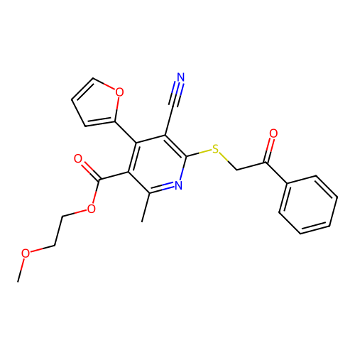 2-methoxyethyl 5-cyano-4-(2-furyl)-2-methyl-6-phenacylsulfanyl-pyridine-3-carboxylate structure
