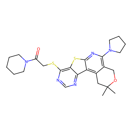 2-((2,2-dimethyl-5-(pyrrolidin-1-yl)-2,4-dihydro-1H-pyrano[4'',3'':4',5']pyrido[3',2':4,5]thieno[3,2-d]pyrimidin-8-yl)thio)-1-(piperidin-1-yl)ethanone structure