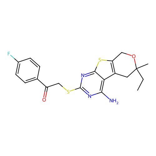 2-[(4-amino-6-ethyl-6-methyl-5,8-dihydro-6H-pyrano[4',3':4,5]thieno[2,3-d]pyrimidin-2-yl)sulfanyl]-1-(4-fluorophenyl)ethanone structure