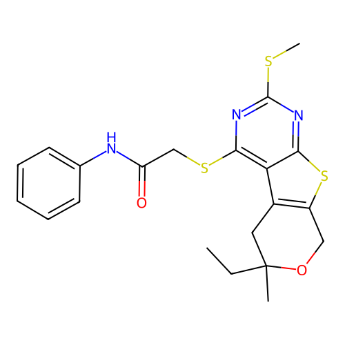 2-{[6-ethyl-6-methyl-2-(methylsulfanyl)-5,8-dihydro-6H-pyrano[4',3':4,5]thieno[2,3-d]pyrimidin-4-yl]sulfanyl}-N-phenylacetamide structure