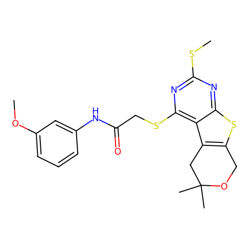 2-{[6,6-dimethyl-2-(methylsulfanyl)-5,8-dihydro-6H-pyrano[4',3':4,5]thieno[2,3-d]pyrimidin-4-yl]sulfanyl}-N-(3-methoxyphenyl)acetamide structure
