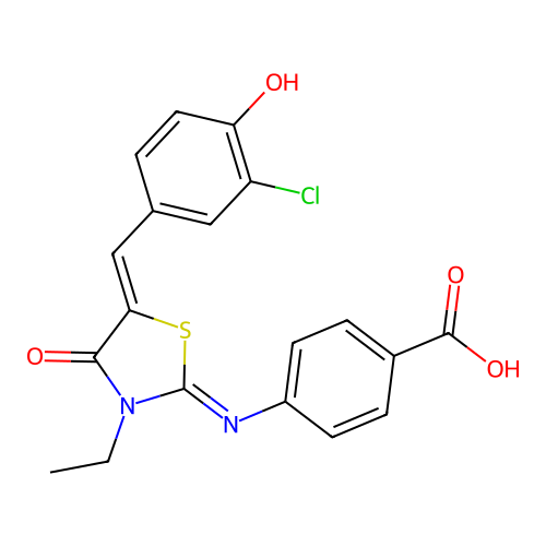 4-((E)-((Z)-5-(3-chloro-4-hydroxybenzylidene)-3-ethyl-4-oxothiazolidin-2-ylidene)amino)benzoic acid structure