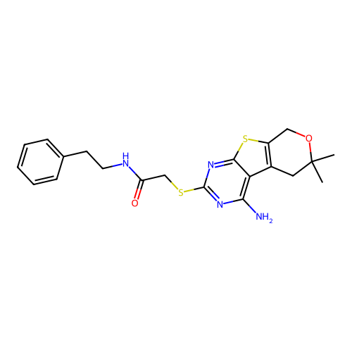 2-((4-amino-6,6-dimethyl-6,8-dihydro-5H-pyrano[4',3':4,5]thieno[2,3-d]pyrimidin-2-yl)thio)-N-phenethylacetamide structure