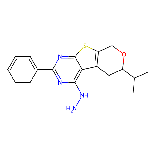 4-hydrazinyl-2-phenyl-6-(propan-2-yl)-5,8-dihydro-6H-pyrano[4',3':4,5]thieno[2,3-d]pyrimidine structure
