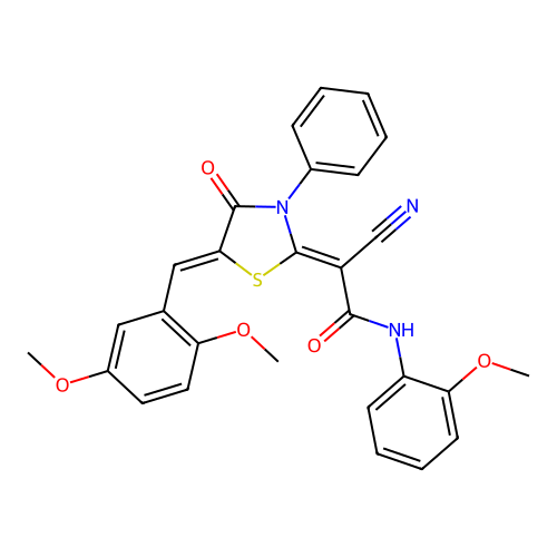(Z)-2-cyano-2-((Z)-5-(2,5-dimethoxybenzylidene)-4-oxo-3-phenylthiazolidin-2-ylidene)-N-(2-methoxyphenyl)acetamide structure