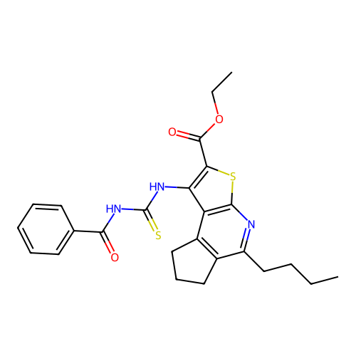 ethyl 1-(3-benzoylthioureido)-5-butyl-7,8-dihydro-6H-cyclopenta[d]thieno[2,3-b]pyridine-2-carboxylate structure