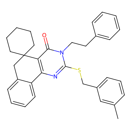 2-((3-methylbenzyl)thio)-3-phenethyl-3H-spiro[benzo[h]quinazoline-5,1'-cyclohexan]-4(6H)-one structure