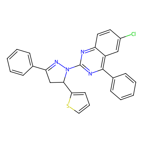 6-chloro-4-phenyl-2-(3-phenyl-5-(thiophen-2-yl)-4,5-dihydro-1H-pyrazol-1-yl)quinazoline structure