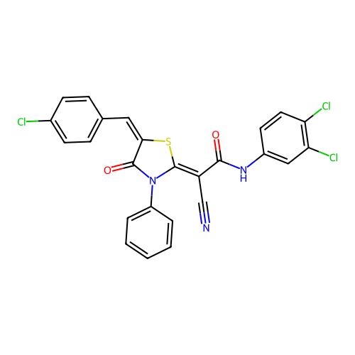 (2Z)-2-[(5E)-5-(4-chlorobenzylidene)-4-oxo-3-phenyl-1,3-thiazolidin-2-ylidene]-2-cyano-N-(3,4-dichlorophenyl)ethanamide structure