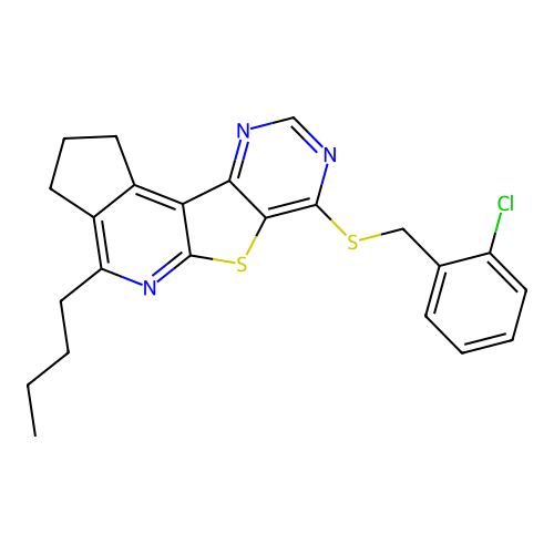 4-butyl-7-((2-chlorobenzyl)thio)-2,3-dihydro-1H-cyclopenta[4',5']pyrido[3',2':4,5]thieno[3,2-d]pyrimidine structure