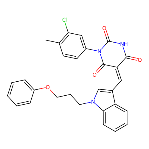 (5Z)-1-(3-chloro-4-methylphenyl)-5-[[1-(3-phenoxypropyl)indol-3-yl]methylidene]-1,3-diazinane-2,4,6-trione structure