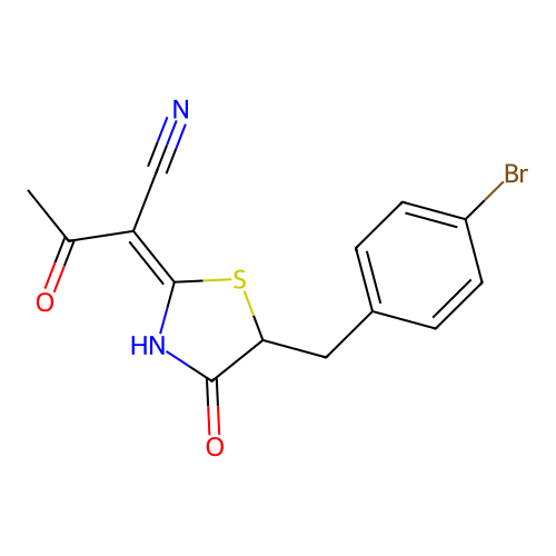 (E)-2-(5-(4-bromobenzyl)-4-oxothiazolidin-2-ylidene)-3-oxobutanenitrile structure
