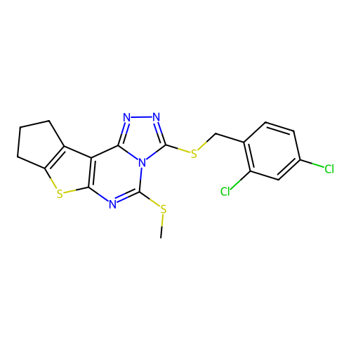3-((2,4-dichlorobenzyl)thio)-5-(methylthio)-9,10-dihydro-8H-cyclopenta[4,5]thieno[3,2-e][1,2,4]triazolo[4,3-c]pyrimidine structure