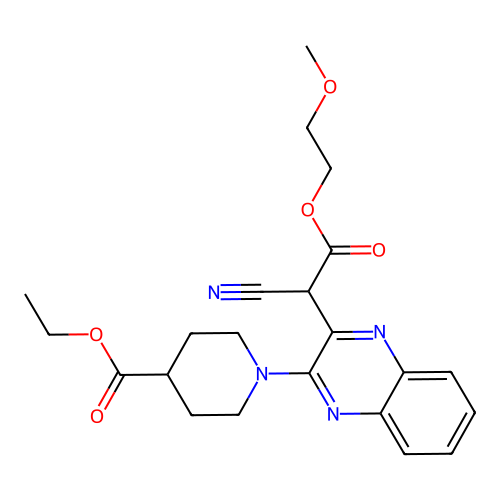 ethyl 1-(3-(1-cyano-2-(2-methoxyethoxy)-2-oxoethyl)quinoxalin-2-yl)piperidine-4-carboxylate structure