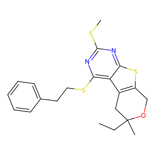 6-ETHYL-6-METHYL-2-(METHYLSULFANYL)-4-(PHENETHYLSULFANYL)-5,8-DIHYDRO-6H-PYRANO[4',3':4,5]THIENO[2,3-D]PYRIMIDINE structure