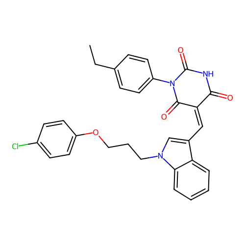 (5Z)-5-({1-[3-(4-chlorophenoxy)propyl]-1H-indol-3-yl}methylidene)-1-(4-ethylphenyl)pyrimidine-2,4,6(1H,3H,5H)-trione structure