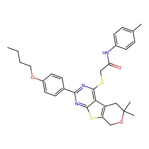 2-((2-(4-butoxyphenyl)-6,6-dimethyl-6,8-dihydro-5H-pyrano[4',3':4,5]thieno[2,3-d]pyrimidin-4-yl)thio)-N-(p-tolyl)acetamide structure