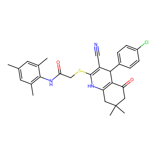 2-{[4-(4-chlorophenyl)-3-cyano-7,7-dimethyl-5-oxo-1,4,5,6,7,8-hexahydroquinolin-2-yl]sulfanyl}-N-(2,4,6-trimethylphenyl)acetamide structure