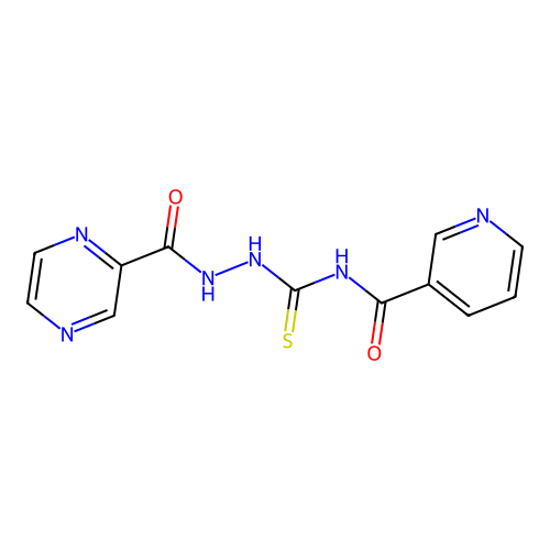 N-{[2-(pyrazin-2-ylcarbonyl)hydrazinyl]carbonothioyl}pyridine-3-carboxamide structure