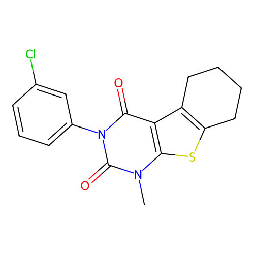 3-(3-chlorophenyl)-1-methyl-5,6,7,8-tetrahydrobenzo[4,5]thieno[2,3-d]pyrimidine-2,4(1H,3H)-dione structure