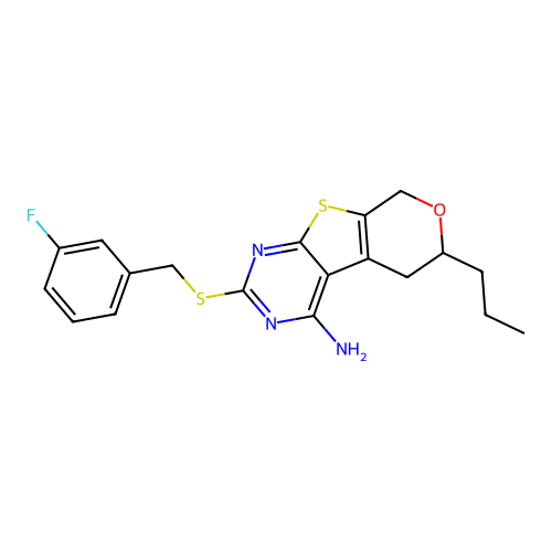 2-((3-fluorobenzyl)thio)-6-propyl-6,8-dihydro-5H-pyrano[4',3':4,5]thieno[2,3-d]pyrimidin-4-amine structure