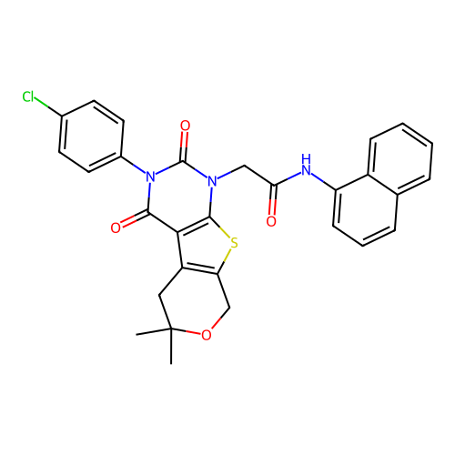 2-(3-(4-chlorophenyl)-6,6-dimethyl-2,4-dioxo-2,3,4,5,6,8-hexahydro-1H-pyrano[4',3':4,5]thieno[2,3-d]pyrimidin-1-yl)-N-(naphthalen-1-yl)acetamide structure