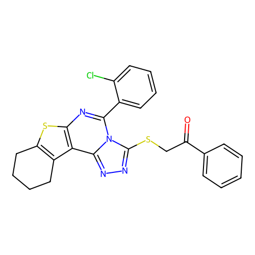 2-((5-(2-chlorophenyl)-8,9,10,11-tetrahydrobenzo[4,5]thieno[3,2-e][1,2,4]triazolo[4,3-c]pyrimidin-3-yl)thio)-1-phenylethanone structure