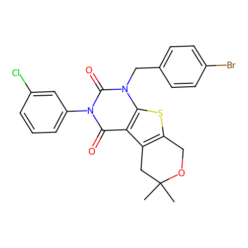 1-(4-bromobenzyl)-3-(3-chlorophenyl)-6,6-dimethyl-5,6-dihydro-1H-pyrano[4',3':4,5]thieno[2,3-d]pyrimidine-2,4(3H,8H)-dione structure