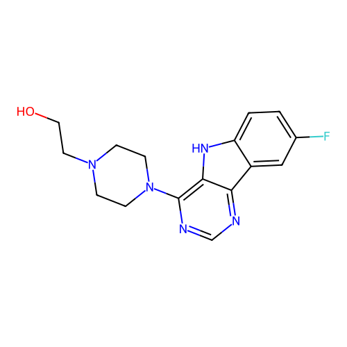 2-[4-(8-fluoro-5H-pyrimido[5,4-b]indol-4-yl)piperazin-1-yl]ethanol structure
