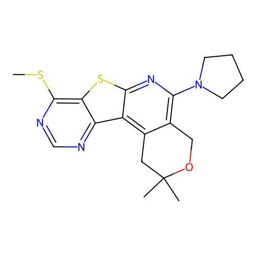 2,2-DIMETHYL-5-(1-PYRROLIDINYL)-1,4-DIHYDRO-2H-PYRANO[4'',3'':4',5']PYRIDO[3',2':4,5]THIENO[3,2-D]PYRIMIDIN-8-YL METHYL SULFIDE structure