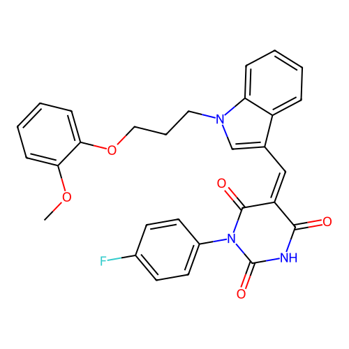 (Z)-1-(4-fluorophenyl)-5-((1-(3-(2-methoxyphenoxy)propyl)-1H-indol-3-yl)methylene)pyrimidine-2,4,6(1H,3H,5H)-trione structure