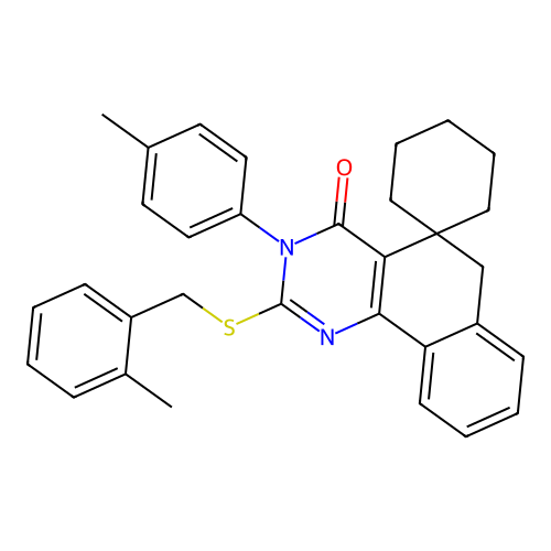 2-((2-methylbenzyl)thio)-3-(p-tolyl)-3H-spiro[benzo[h]quinazoline-5,1'-cyclohexan]-4(6H)-one structure