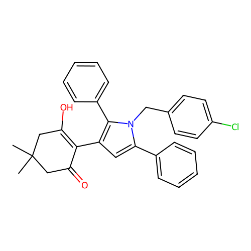 2-(1-(4-chlorobenzyl)-2,5-diphenyl-1H-pyrrol-3-yl)-3-hydroxy-5,5-dimethylcyclohex-2-enone structure