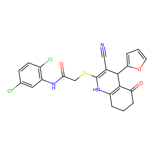 2-((3-cyano-4-(furan-2-yl)-5-oxo-1,4,5,6,7,8-hexahydroquinolin-2-yl)thio)-N-(2,5-dichlorophenyl)acetamide structure