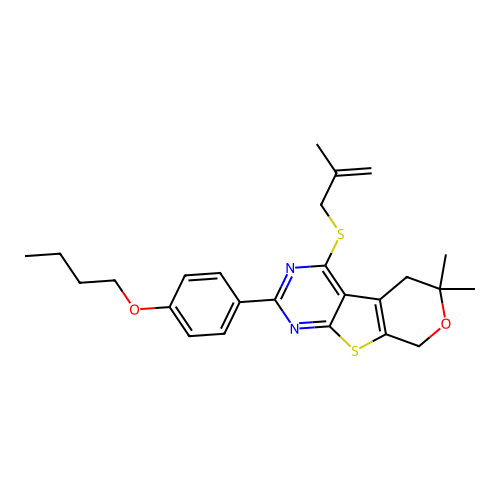 2-(4-butoxyphenyl)-6,6-dimethyl-4-((2-methylallyl)thio)-6,8-dihydro-5H-pyrano[4',3':4,5]thieno[2,3-d]pyrimidine structure