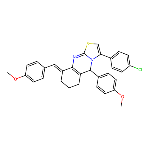 (E)-3-(4-chlorophenyl)-9-(4-methoxybenzylidene)-5-(4-methoxyphenyl)-6,7,8,9-tetrahydro-5H-thiazolo[2,3-b]quinazoline structure
