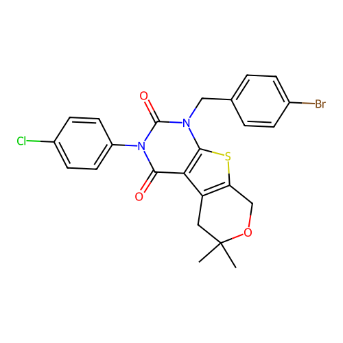 1-(4-bromobenzyl)-3-(4-chlorophenyl)-6,6-dimethyl-5,6-dihydro-1H-pyrano[4',3':4,5]thieno[2,3-d]pyrimidine-2,4(3H,8H)-dione structure