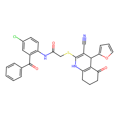 N-(2-benzoyl-4-chlorophenyl)-2-((3-cyano-4-(furan-2-yl)-5-oxo-1,4,5,6,7,8-hexahydroquinolin-2-yl)thio)acetamide structure