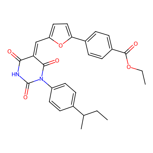 (Z)-ethyl 4-(5-((1-(4-(sec-butyl)phenyl)-2,4,6-trioxotetrahydropyrimidin-5(2H)-ylidene)methyl)furan-2-yl)benzoate structure