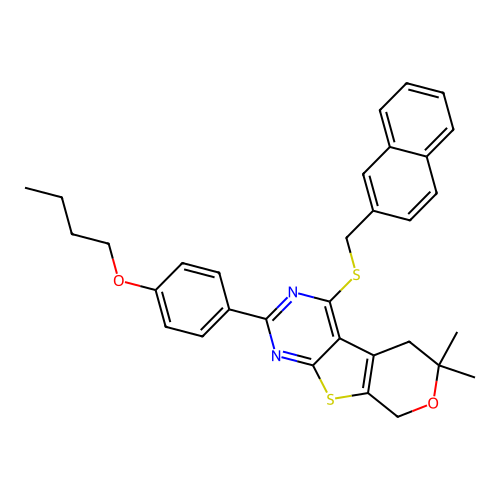 2-(4-butoxyphenyl)-6,6-dimethyl-4-((naphthalen-2-ylmethyl)thio)-6,8-dihydro-5H-pyrano[4',3':4,5]thieno[2,3-d]pyrimidine structure