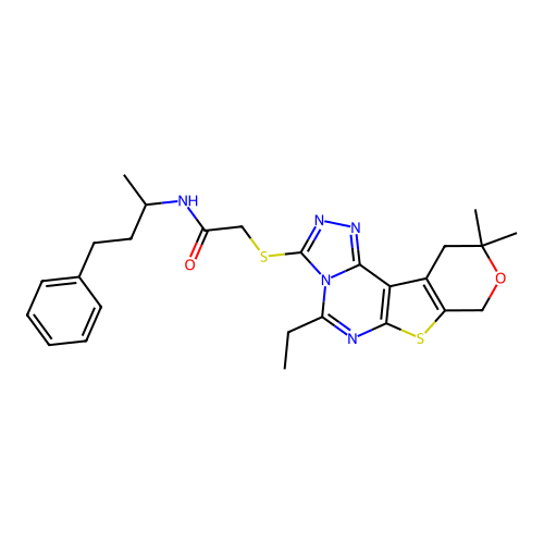 2-((5-ethyl-10,10-dimethyl-10,11-dihydro-8H-pyrano[4',3':4,5]thieno[3,2-e][1,2,4]triazolo[4,3-c]pyrimidin-3-yl)thio)-N-(4-phenylbutan-2-yl)acetamide structure
